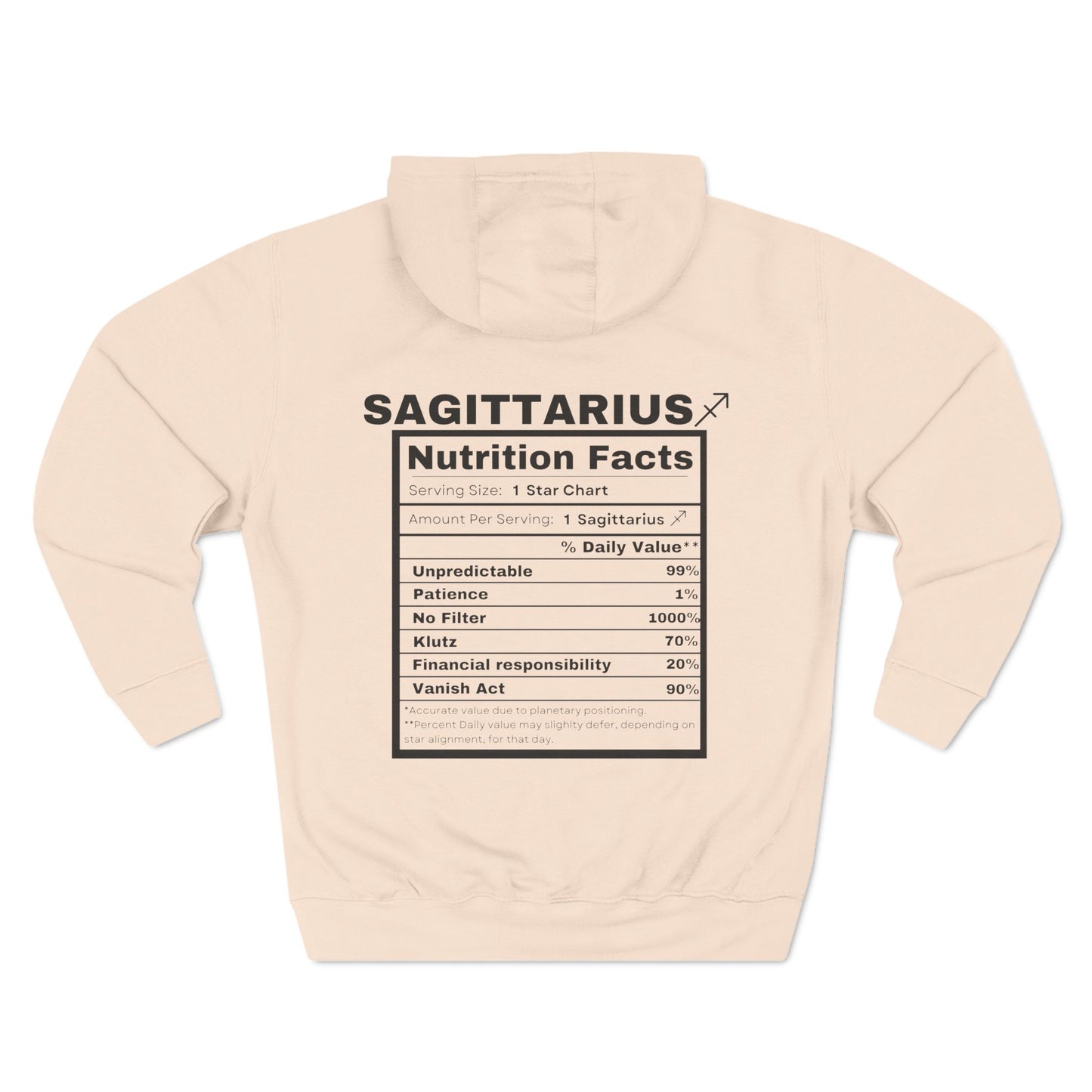 "Sagittarius stereotypes" Zodiac Three-Panel Fleece Hoodie with Humor Nutrition Facts Design