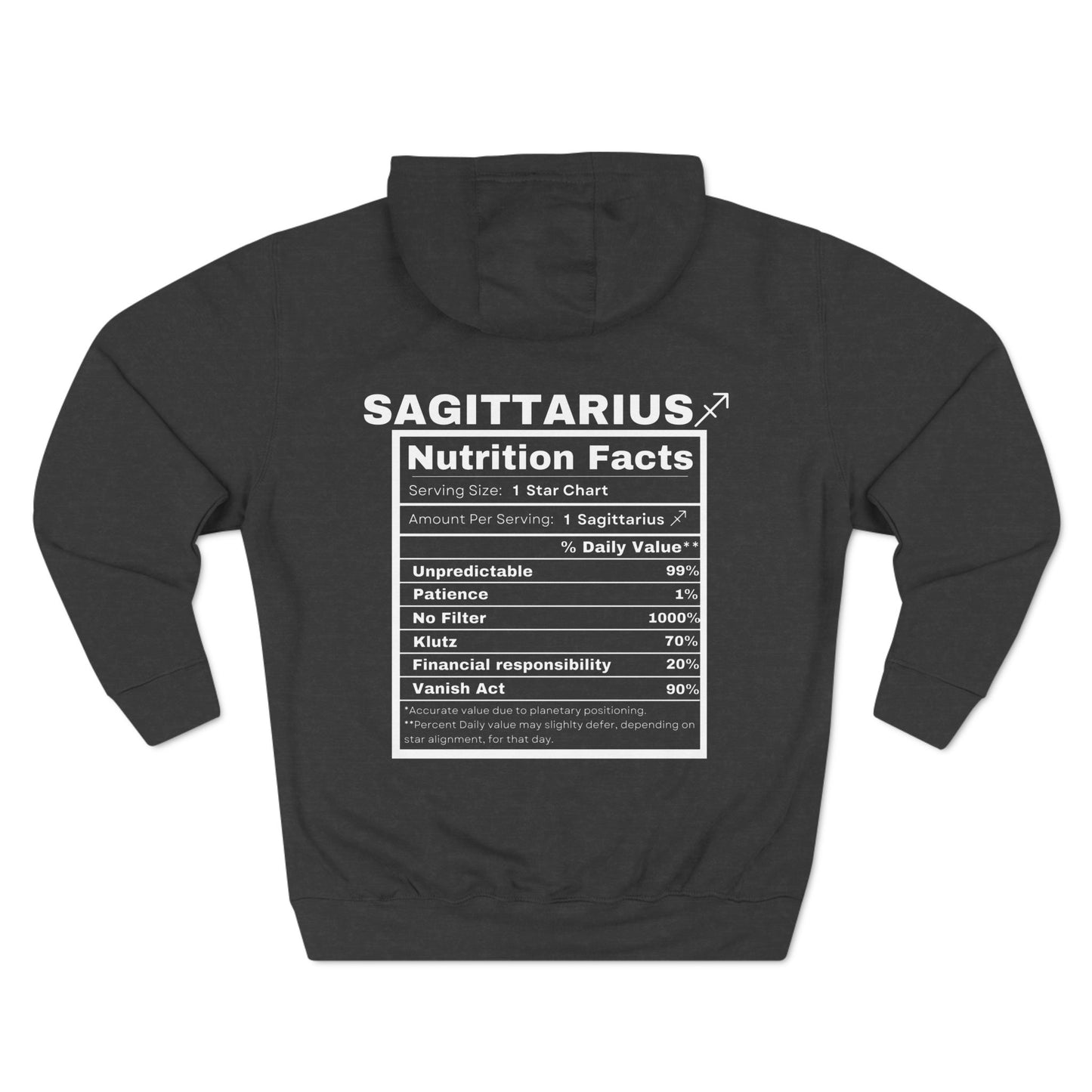 "Sagittarius stereotypes" Zodiac Three-Panel Fleece Hoodie with Humor Nutrition Facts Design