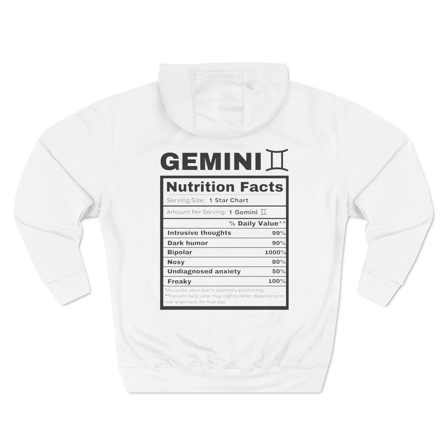 "Gemini stereotypes" Zodiac Three-Panel Fleece Hoodie with Humor Nutrition Facts Design