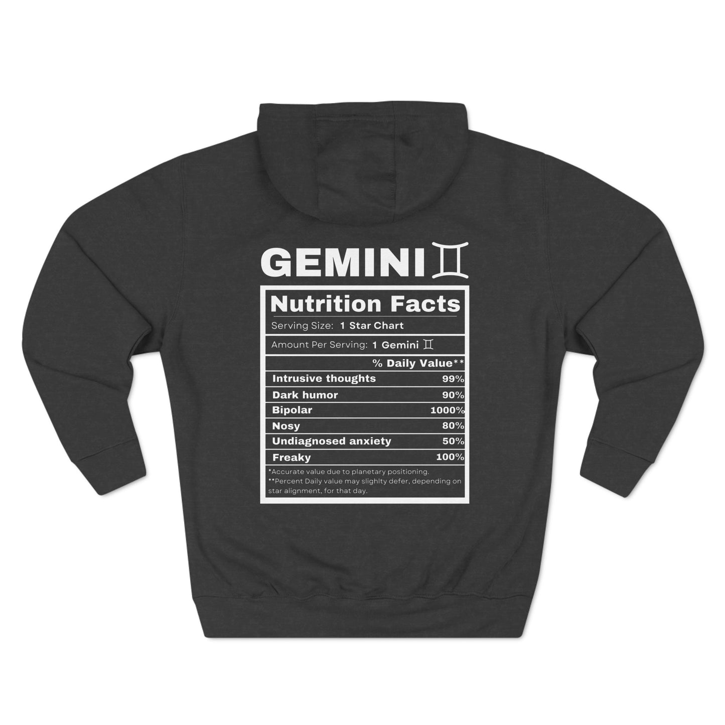 "Gemini stereotypes" Zodiac Three-Panel Fleece Hoodie with Humor Nutrition Facts Design