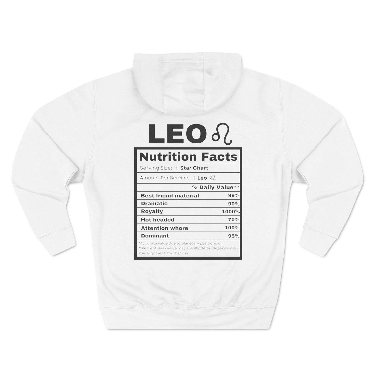 "Leo stereotypes" Zodiac Three-Panel Fleece Hoodie with Humor Nutrition Facts Design