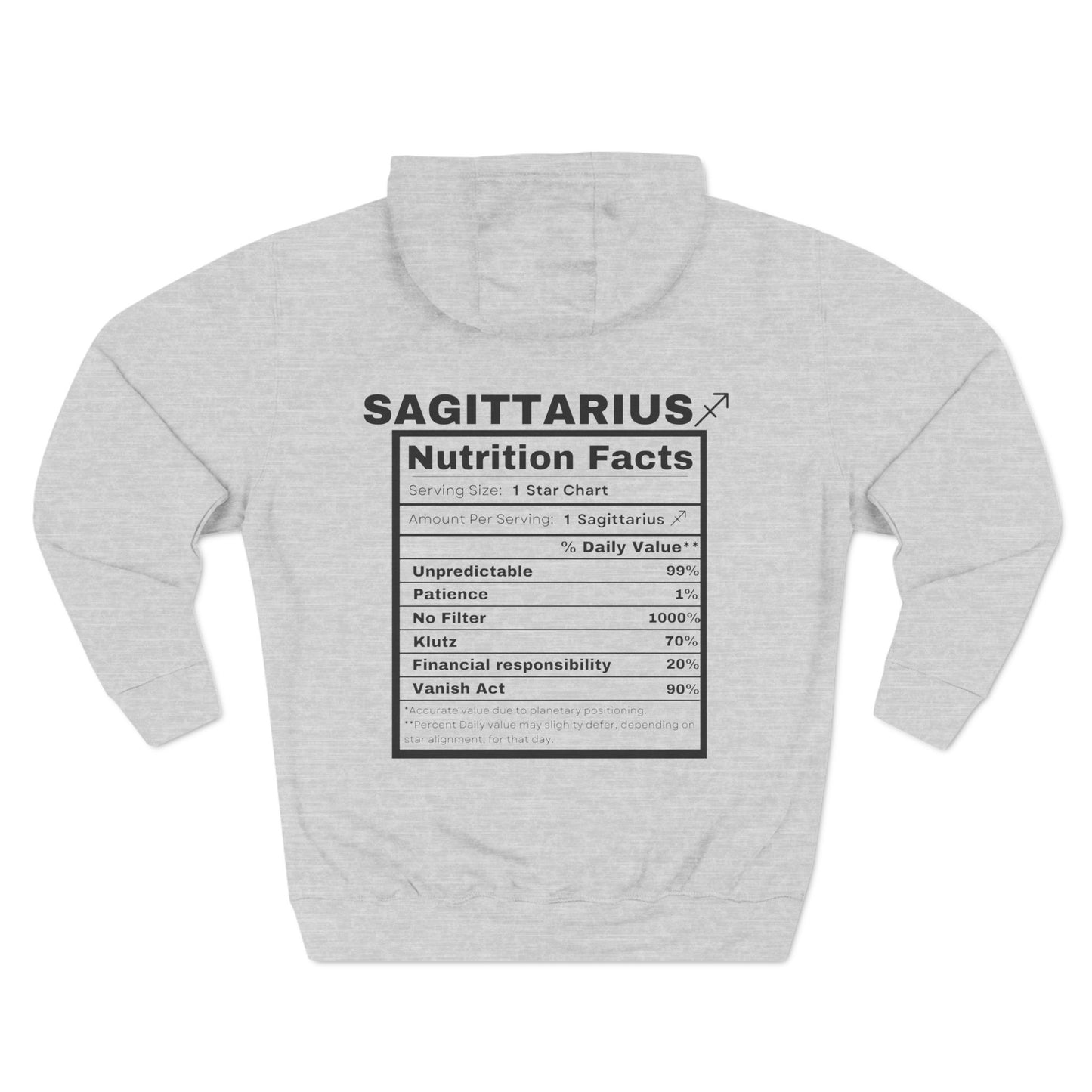 "Sagittarius stereotypes" Zodiac Three-Panel Fleece Hoodie with Humor Nutrition Facts Design