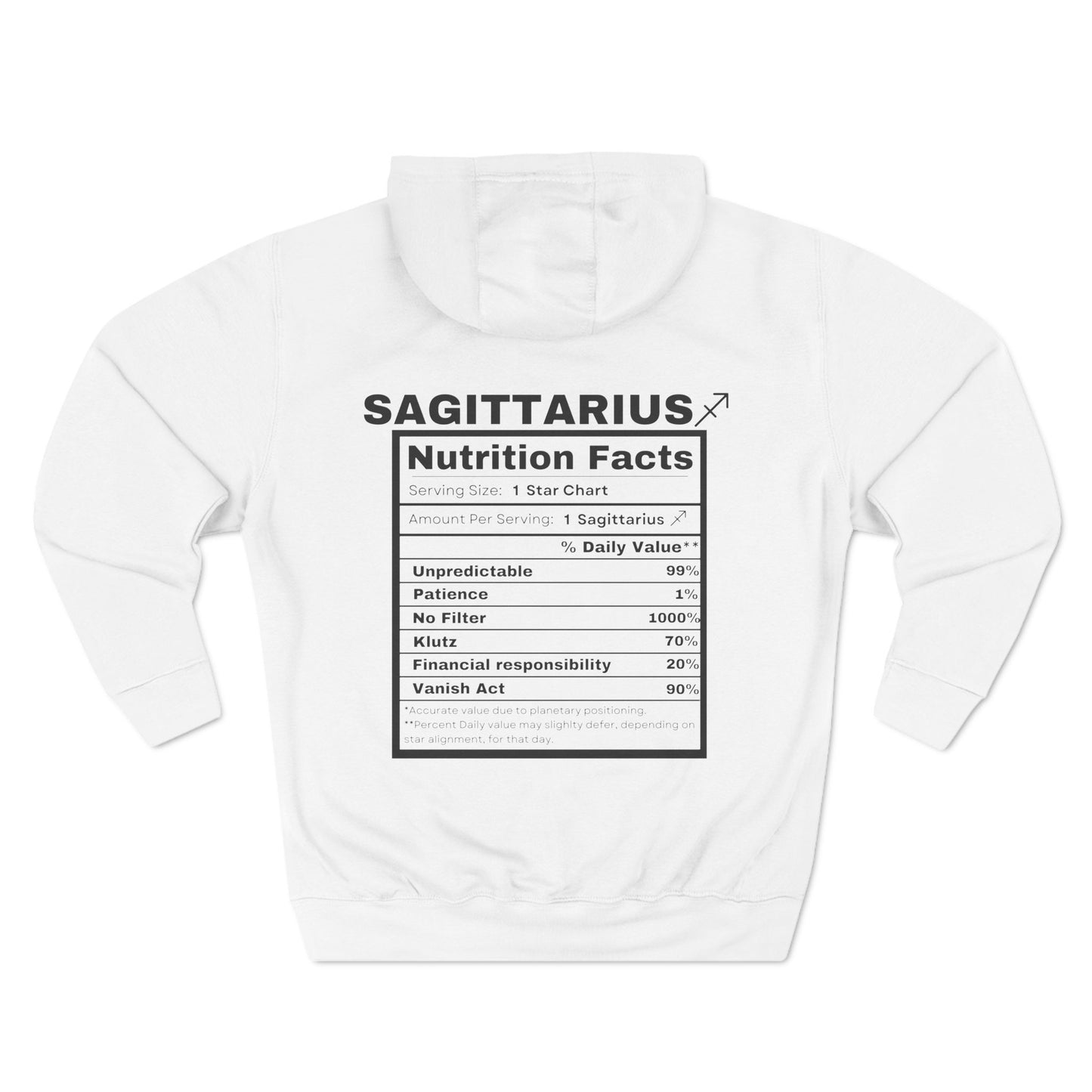 "Sagittarius stereotypes" Zodiac Three-Panel Fleece Hoodie with Humor Nutrition Facts Design