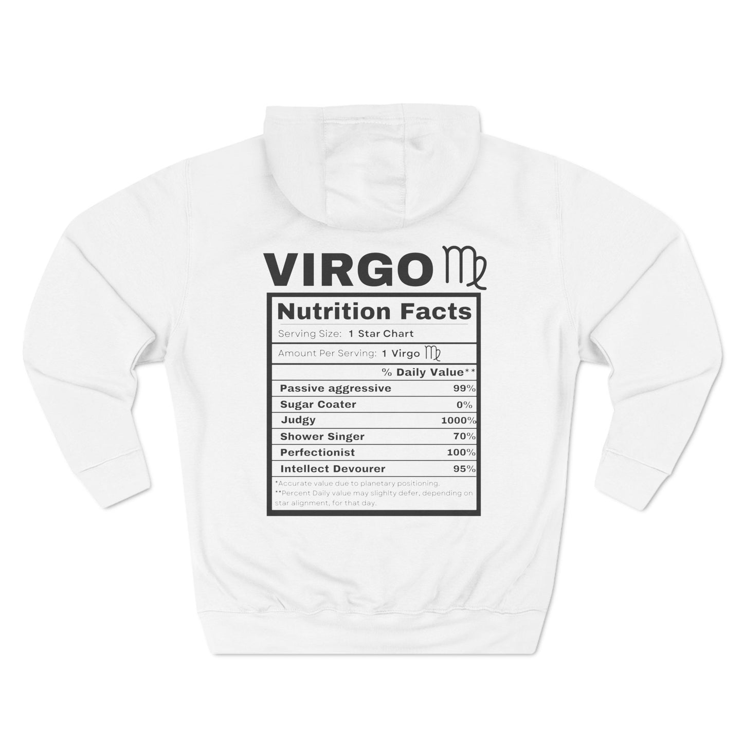 "Virgo stereotypes" Zodiac Three-Panel Fleece Hoodie with Humor Nutrition Facts Design